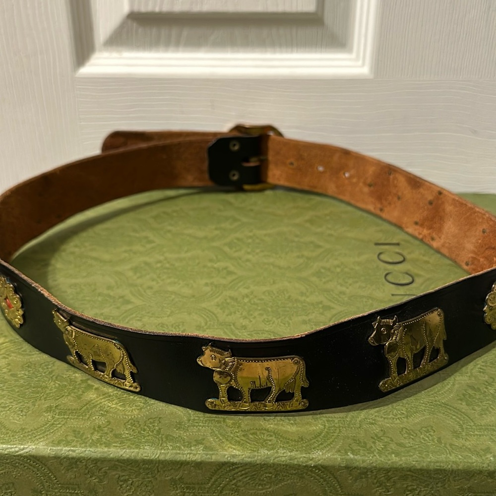 Vintage Appenzeller leather belt with goldtone symbols of the Swiss Apls
